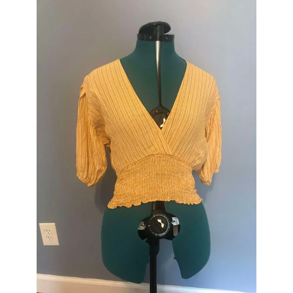 Faithfull the Brand Yellow Plaid Puff Sleeve Wrap Style Blouse, size 4